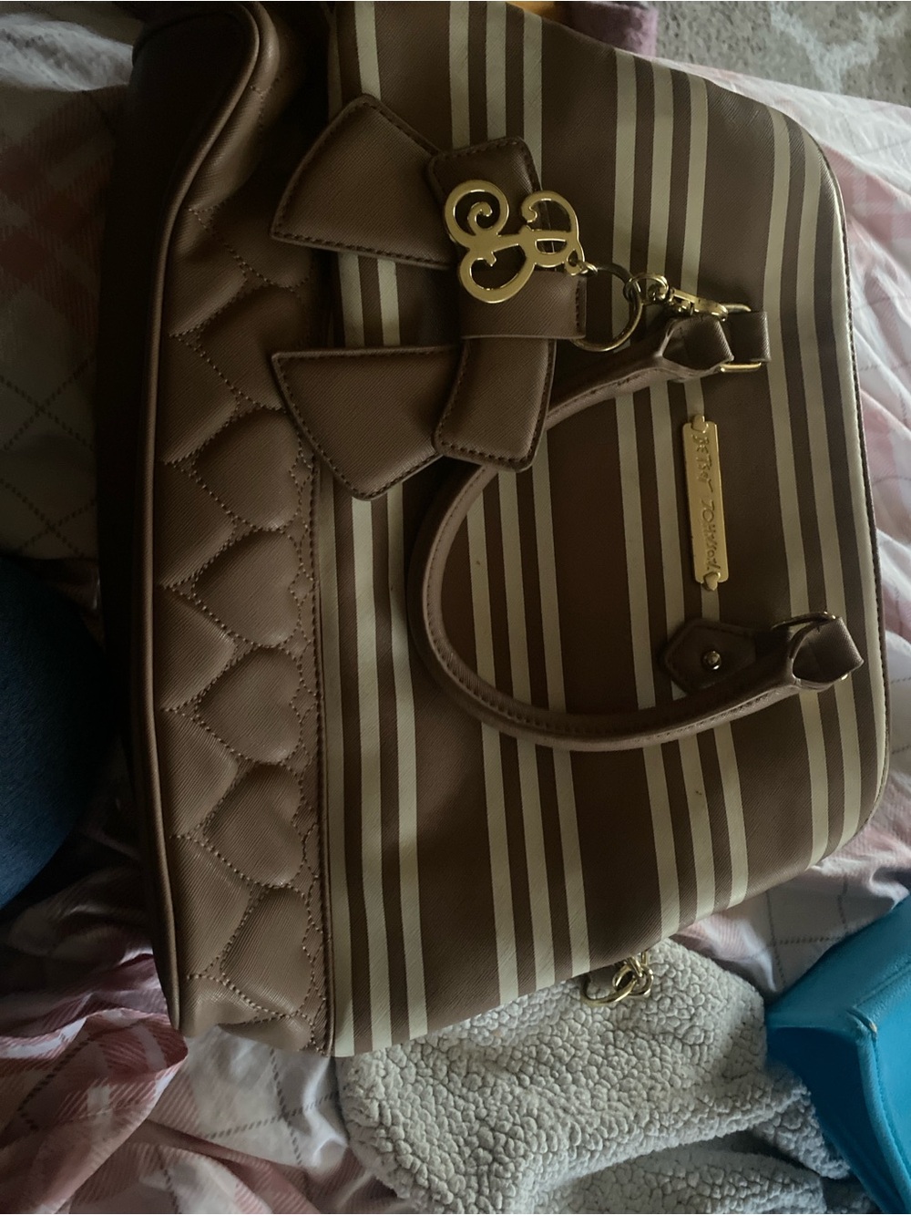 Betsey Johnson Brown and Cream Striped Tote with Bow Charm 16” x12”